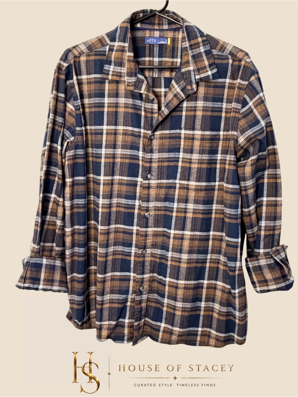 Apt. 9 Navy and Brown Plaid Long-Sleeve Button-Up Shirt